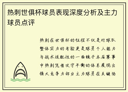 热刺世俱杯球员表现深度分析及主力球员点评