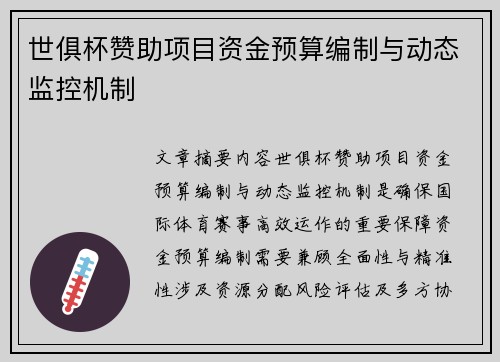 世俱杯赞助项目资金预算编制与动态监控机制